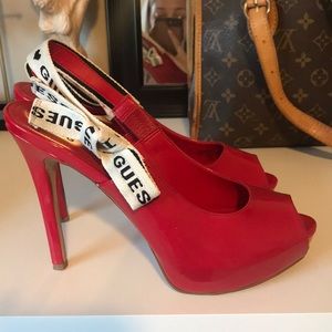Guess Red Peep Toe Heels with Bow